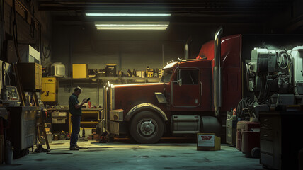 Poster - A dedicated mechanic works meticulously in a dimly lit garage, focused on a red truck amidst tools and machinery at sunset