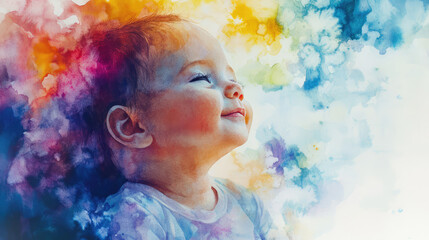 A cheerful baby with closed eyes smiles amidst a vibrant and colorful abstract watercolor background, symbolizing joy and innocence in a dreamy setting.