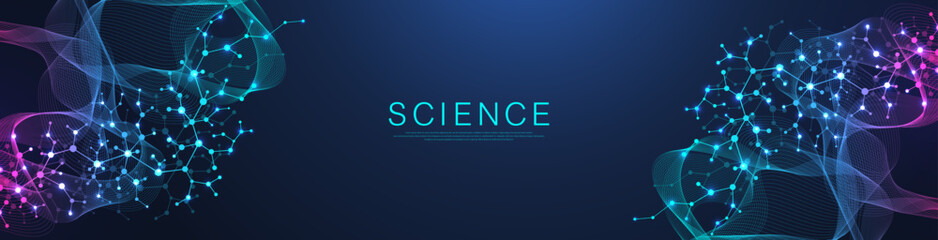 Fototapete - Molecular abstract structure and genetic engineering DNA. Healthcare and medicine background concept. Scientific research background. Wave flow. Innovation pattern. Vector illustration.