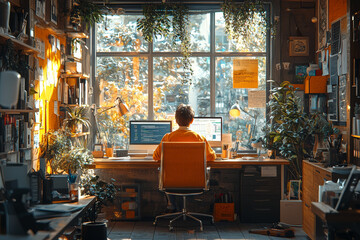 Poster - a person working from a shared coworking space, illustrating how technology enables diverse work env