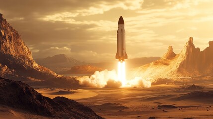 A white rocket launches from a desolate, rocky landscape at sunset. The rocket leaves a trail of smoke and fire as it ascends into the sky.