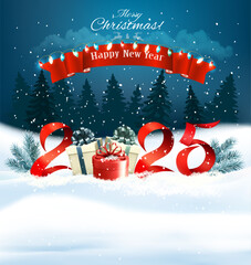 Poster - 2025 Happy New Year and Merry Christmas holiday background with gift boxes and colorful garland. Vector.