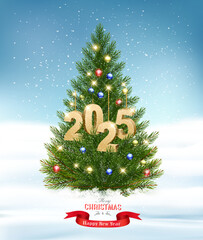 Poster - Holiday background with Christmas tree with garland and a gold 2025. Vector.
