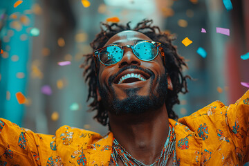 Aufkleber - A man celebrating a cultural achievement in a remote work setting, highlighting recognition of diverse backgrounds. Concept of recognition.