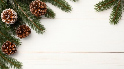 Canvas Print - A fir tree branch features lush green needles and textured pine cones, creating a festive decoration perfect for holiday-themed designs on a bright white background