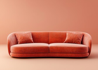 Modern curved sofa in a vibrant orange hue with two decorative cushions