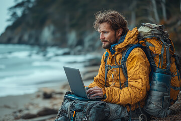 Aufkleber - A digital nomad sitting by the beach with a laptop, working remotely while traveling. Concept of digital nomadism.