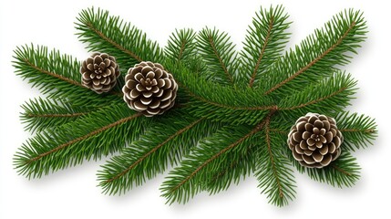 Canvas Print - A fir tree branch features lush green needles and textured pine cones, creating a festive decoration perfect for holiday-themed designs on a bright white background