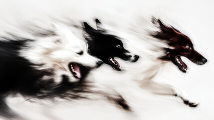 This dynamic image captures the agility and enthusiasm of dogs racing with energy and intensity, creating a sense of joy and excitement through motion blur effect.