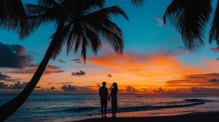 Wall Mural - sunset on beach with people and palms