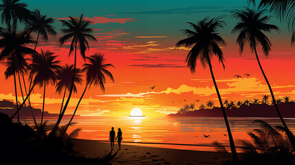 Wall Mural - sunset on beach with people and palms
