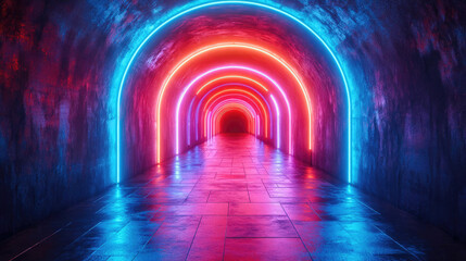 Poster - A futuristic neon-lit tunnel featuring vibrant purple, pink, and blue lights, creating a mesmerizing glow on the reflective surface