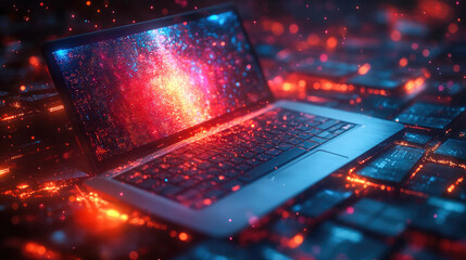 Poster - Futuristic laptop with a glowing digital display, symbolizing advanced technology, data, and connectivity in vibrant red and blue tones