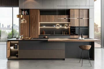 Poster - A modern kitchen with a large island and a wood countertop,generative ai image