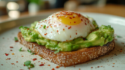 Wall Mural - Avocado toast with a fried egg on a white plate