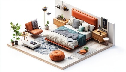 Wall Mural - Eclectic bedroom Isometric 3D render displaying mixed furniture styles, artistically laid out in a floor plan on an isolated white background.