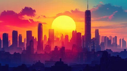 Poster - Vibrant Cityscape at Sunset with Colorful Sky