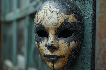 Canvas Print - A spooky mask hanging on a wall, ready for a Halloween party. Concept of Halloween accessories.