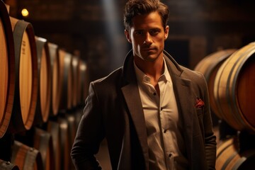 A man in a suit stands in a wine cellar surrounded by barrels.