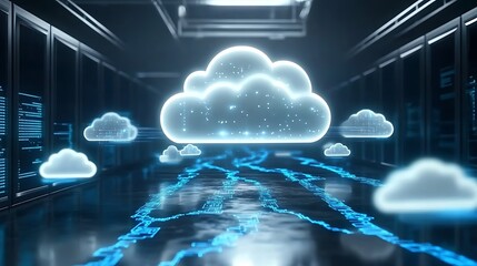 Poster - A glowing cloud symbol in a server room with digital data streams.