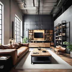 A stylish industrial loft interior featuring modern furniture, exposed brick walls, and wooden accents.