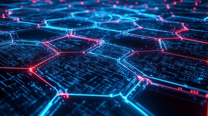 Poster - Abstract futuristic technological background with glowing blue and red hexagonal pattern.