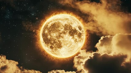 Wall Mural - A fiery full moon shines brightly in the night sky, casting a golden glow on the clouds below