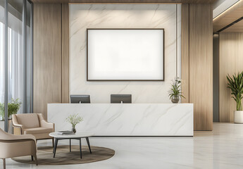 Wall Mural - A blank white screen in a black frame is on a wooden wall behind the reception area in a modern eco-style office design. Mockup design