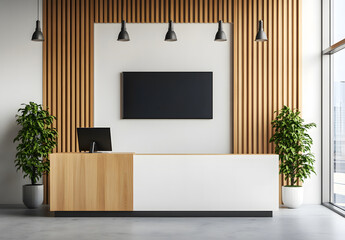 Wall Mural - A blank white screen in a black frame is on a wooden wall behind the reception area in a modern eco-style office design. Mockup design