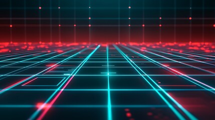Poster - Abstract digital grid with glowing lines and red dots in the background.