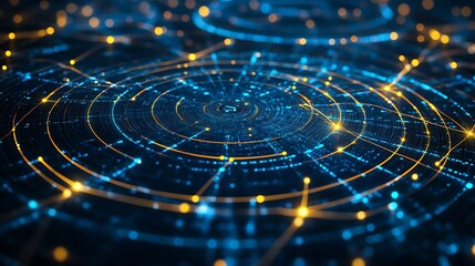 Poster - Abstract digital network with glowing points and lines in blue and yellow hues.