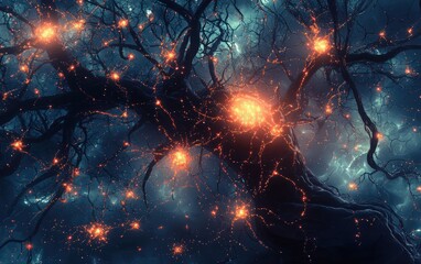 a detailed illustration neuron cells, with glowing links representing brain activity and neurologica