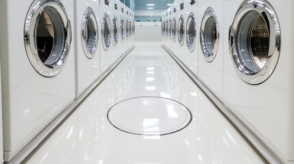 Sticker - A row of white washers in a large room with no doors, AI