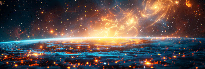 Wall Mural - a breathtaking view of a galaxy formation, radiating light over a distant planet, symbolizing cosmic