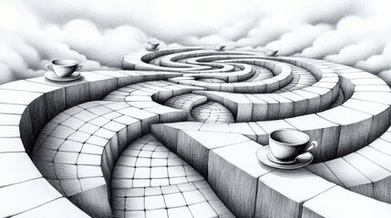 Canvas Print - A drawing of a maze with coffee cups on top, AI