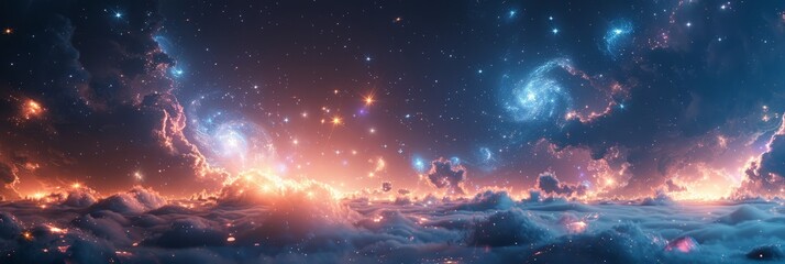 Dreamy cosmic landscape with vibrant nebulae and galaxies illuminating the sky, creating a sense of wonder and mystery, ideal for sci-fi, fantasy, and astronomy concepts.