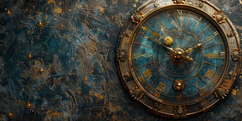vintage astrological clock with intricate golden details and roman numerals on a textured cosmic bac