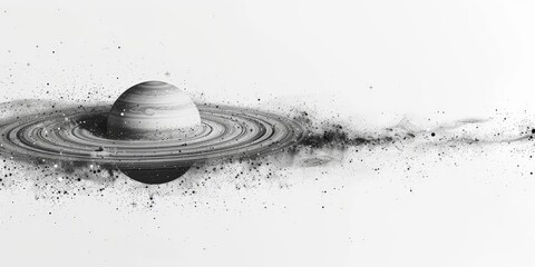 Canvas Print - minimalist black and white illustration of saturn with rings and particles, symbolizing space explor