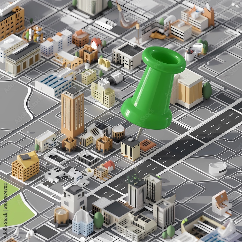City map with green pin pointer 3D rendering image. 3D map with ...