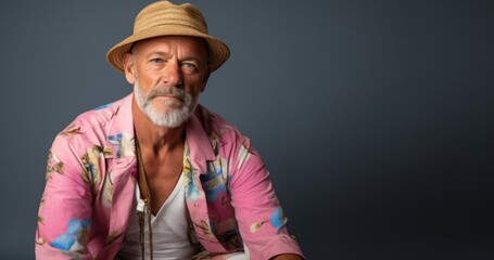 Wall Mural - A man wearing a pink shirt and straw hat is sitting in front of a blue wall