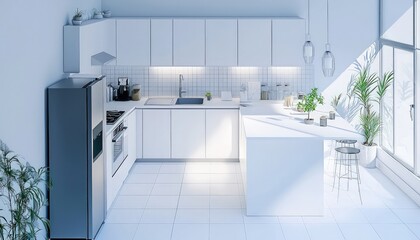 Wall Mural - Minimalist kitchen isometric 3D render with handleless cabinets and sleek countertops, floor plan on white.