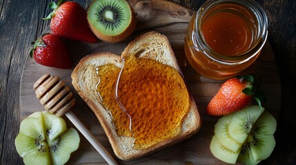 Poster - Fresh Toast with Honey and Fruits on Wooden Board