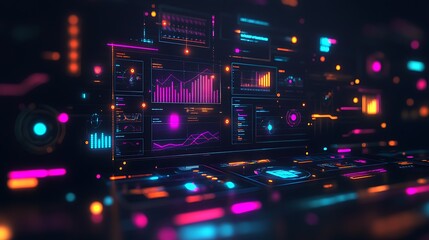 Poster - Futuristic digital interface with glowing neon graphics and data visualizations.