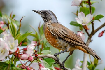 a close-up of a rare migratory bird perched on a blossoming tree