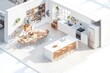 © Amina - Open-concept kitchen Isometric 3D Render featuring a large island, dining area, and seamless flow into the living space, shown in a floor plan on white.