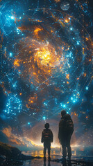Wall Mural - two figures stand beneath a vast cosmic sky filled with stars and constellations, symbolizing explor