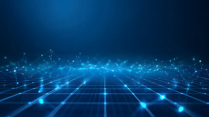 blue technological background design with glowing connection lines and a grid floor vector presentat