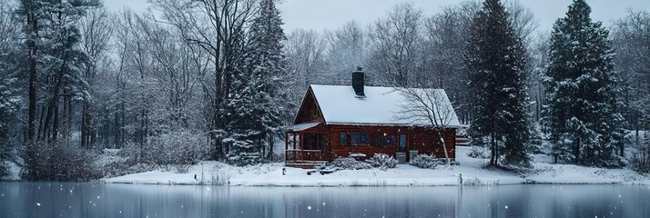 cabin by the lake in the woods, winter 