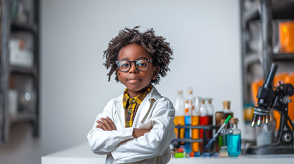 A spirited African boy in a lab coat stands confidently with arms crossed, showcasing his joy for science amidst vibrant beakers and lab tools in a bright laboratory