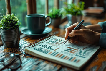 Poster - A person writing a business plan in a notebook, symbolizing entrepreneurship and goal setting. Concept of business.